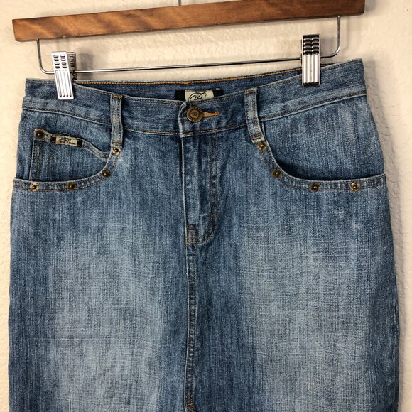 B Jeans Vtg Midi Denim Skirt Women's 4 Cowgirl Western Rodeo Rivets 100% Cotton - Picture 2 of 12